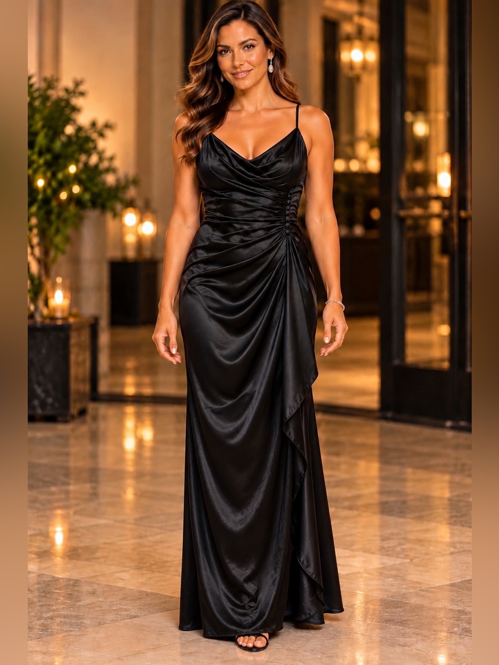 Galina Signature Black Draped V Neck Formal Maxi Gown Dress Size 14